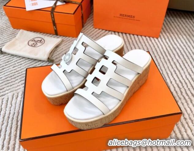 Good Taste Hermes Isabella 30 Platform Slides Sandal in Calfskin White 703056