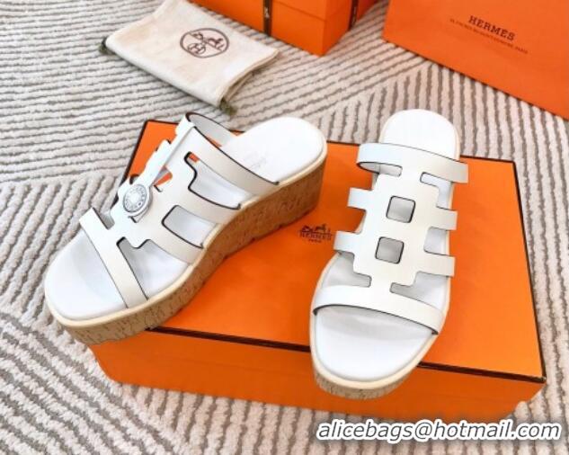 Good Taste Hermes Isabella 30 Platform Slides Sandal in Calfskin White 703056