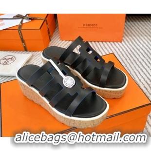 Perfect Hermes Isabella 30 Platform Slides Sandal in Calfskin Black 703057