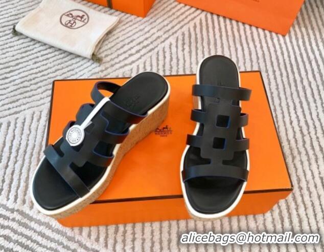 Perfect Hermes Isabella 30 Platform Slides Sandal in Calfskin Black 703057