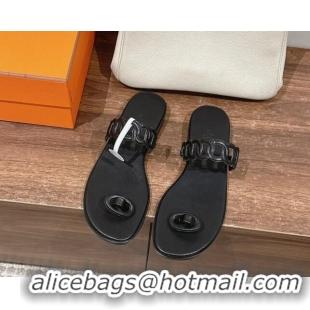 Best Luxury Hermes Ios Chain Flat Slides Sandal in Calfskin Black 703058