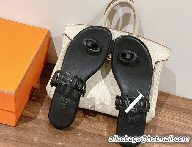 Best Luxury Hermes Ios Chain Flat Slides Sandal in Calfskin Black 703058