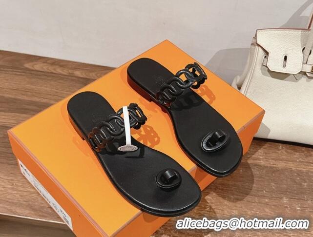 Best Luxury Hermes Ios Chain Flat Slides Sandal in Calfskin Black 703058