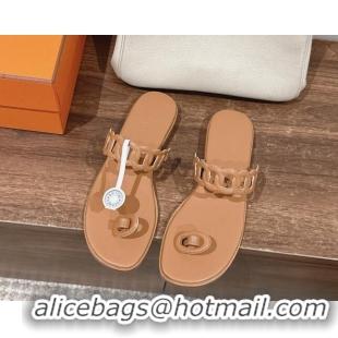 Good Quality Hermes Ios Chain Flat Slides Sandal in Calfskin Light Brown 703059