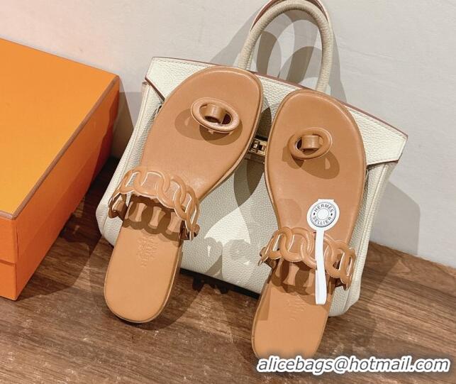 Good Quality Hermes Ios Chain Flat Slides Sandal in Calfskin Light Brown 703059