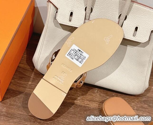 Good Quality Hermes Ios Chain Flat Slides Sandal in Calfskin Light Brown 703059