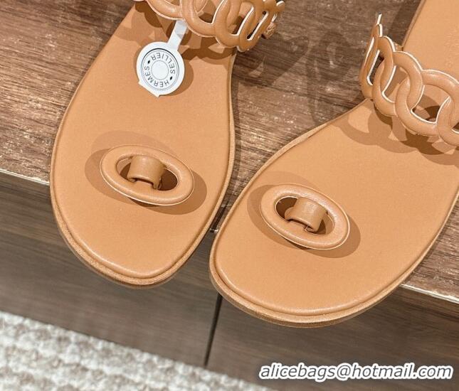 Good Quality Hermes Ios Chain Flat Slides Sandal in Calfskin Light Brown 703059