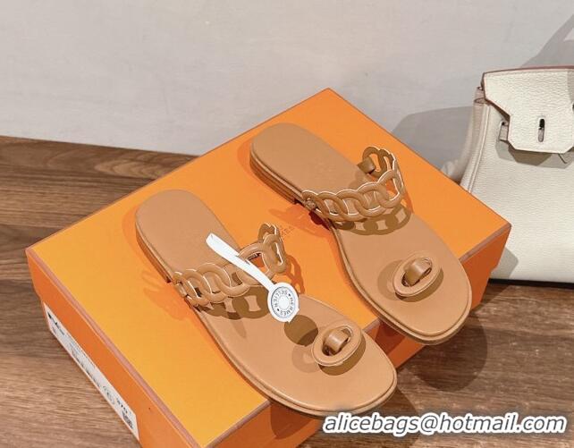 Good Quality Hermes Ios Chain Flat Slides Sandal in Calfskin Light Brown 703059