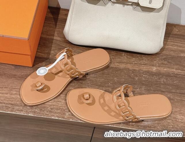 Good Quality Hermes Ios Chain Flat Slides Sandal in Calfskin Light Brown 703059