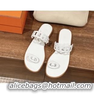 Affordable Price Hermes Ios Chain Flat Slides Sandal in Calfskin White 703060