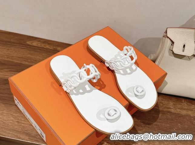 Affordable Price Hermes Ios Chain Flat Slides Sandal in Calfskin White 703060