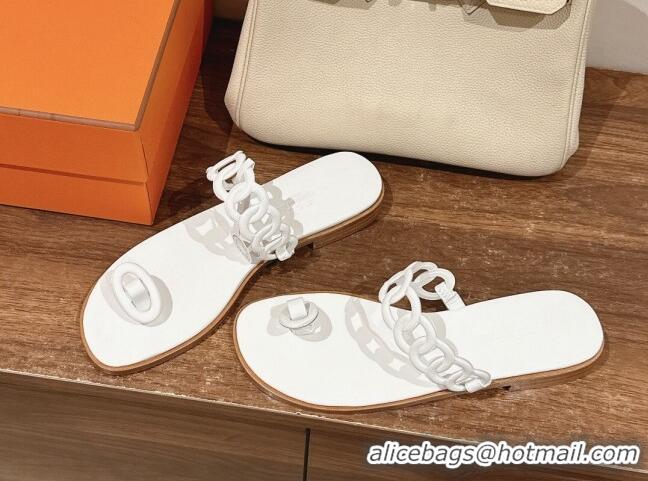 Affordable Price Hermes Ios Chain Flat Slides Sandal in Calfskin White 703060