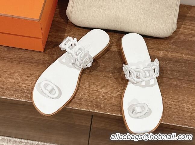 Affordable Price Hermes Ios Chain Flat Slides Sandal in Calfskin White 703060