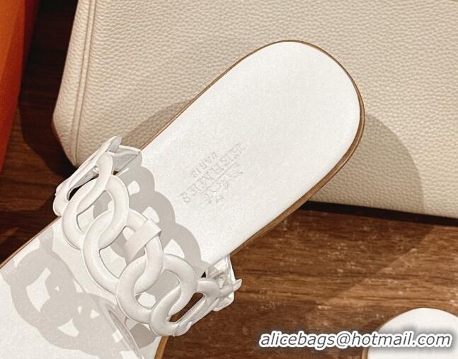 Affordable Price Hermes Ios Chain Flat Slides Sandal in Calfskin White 703060