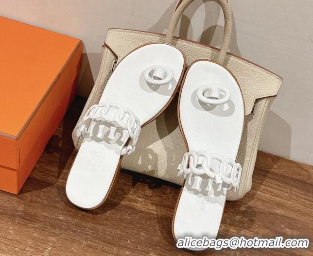 Affordable Price Hermes Ios Chain Flat Slides Sandal in Calfskin White 703060