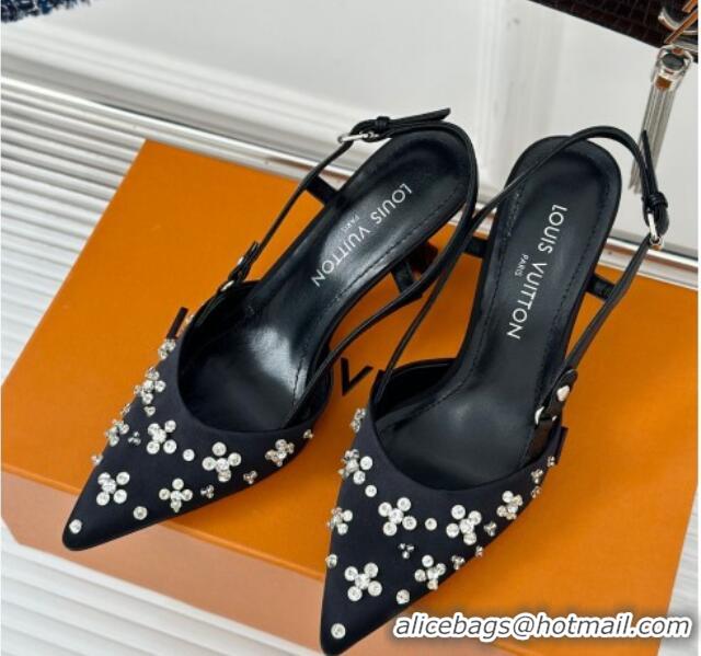 Top Grade Louis Vuitton Blooming Slingback Pumps 7.5cm in Satin and Strass Black 703075