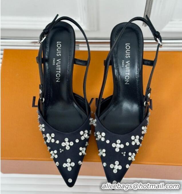 Top Grade Louis Vuitton Blooming Slingback Pumps 7.5cm in Satin and Strass Black 703075