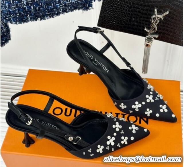 Top Grade Louis Vuitton Blooming Slingback Pumps 7.5cm in Satin and Strass Black 703075