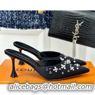 Good Looking Louis Vuitton Blooming Slingback Mules 7.5cm in Satin and Strass Black 703077