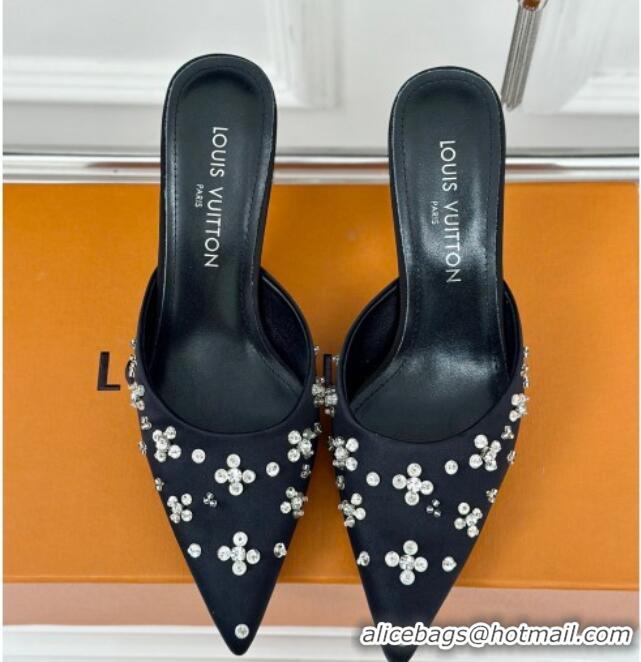 Good Looking Louis Vuitton Blooming Slingback Mules 7.5cm in Satin and Strass Black 703077