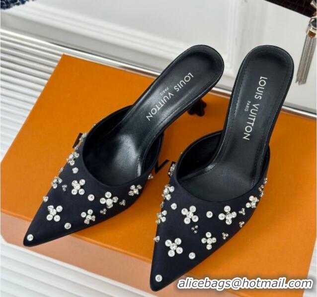 Good Looking Louis Vuitton Blooming Slingback Mules 7.5cm in Satin and Strass Black 703077