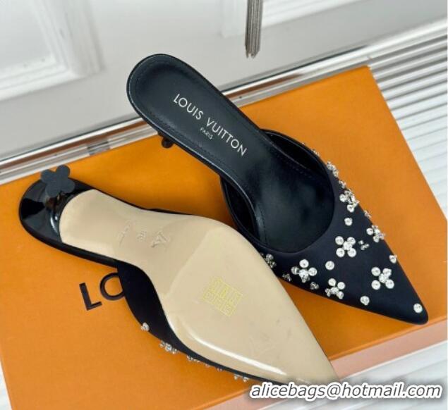 Good Looking Louis Vuitton Blooming Slingback Mules 7.5cm in Satin and Strass Black 703077