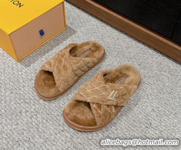 Good Product Louis Vuitton LV Bliss Comfort Flat Slides Sandals in Wool Camel Brown 703082