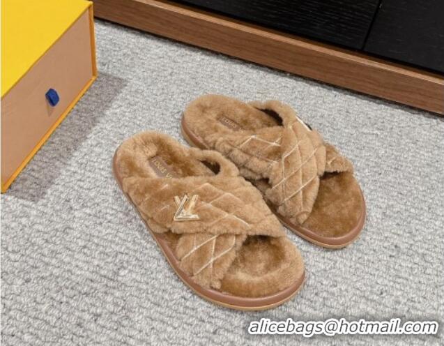 Good Product Louis Vuitton LV Bliss Comfort Flat Slides Sandals in Wool Camel Brown 703082