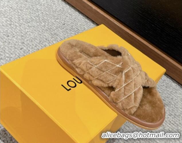 Good Product Louis Vuitton LV Bliss Comfort Flat Slides Sandals in Wool Camel Brown 703082