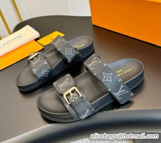 Best Product Louis Vuitton Bom Dia Flat Comfort Slides Sandals in Monogram Canvas Black 703083