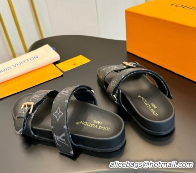 Best Product Louis Vuitton Bom Dia Flat Comfort Slides Sandals in Monogram Canvas Black 703083