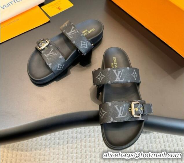 Best Product Louis Vuitton Bom Dia Flat Comfort Slides Sandals in Monogram Canvas Black 703083