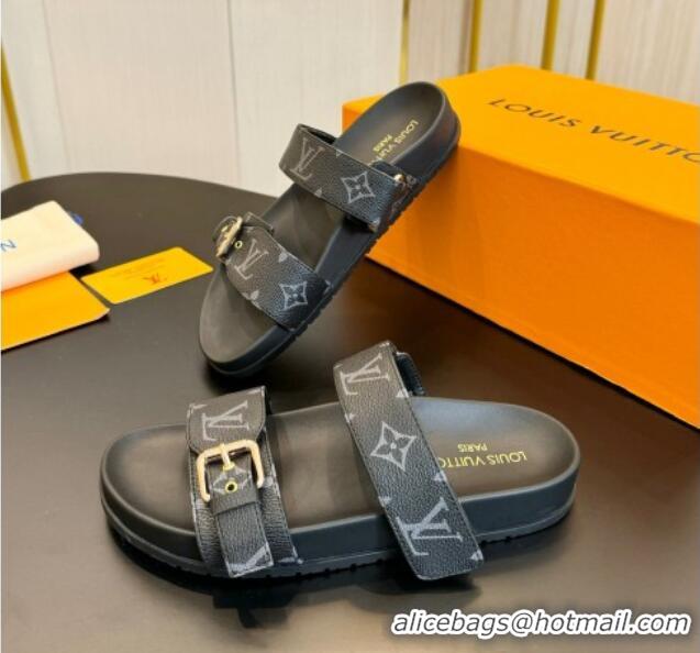 Best Product Louis Vuitton Bom Dia Flat Comfort Slides Sandals in Monogram Canvas Black 703083