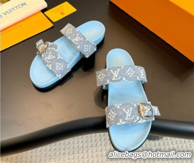 Lower Price Louis Vuitton Bom Dia Flat Comfort Slides Sandals in Monogram Denim Pale Blue 703084