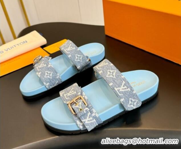 Lower Price Louis Vuitton Bom Dia Flat Comfort Slides Sandals in Monogram Denim Pale Blue 703084