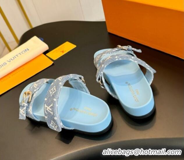 Lower Price Louis Vuitton Bom Dia Flat Comfort Slides Sandals in Monogram Denim Pale Blue 703084