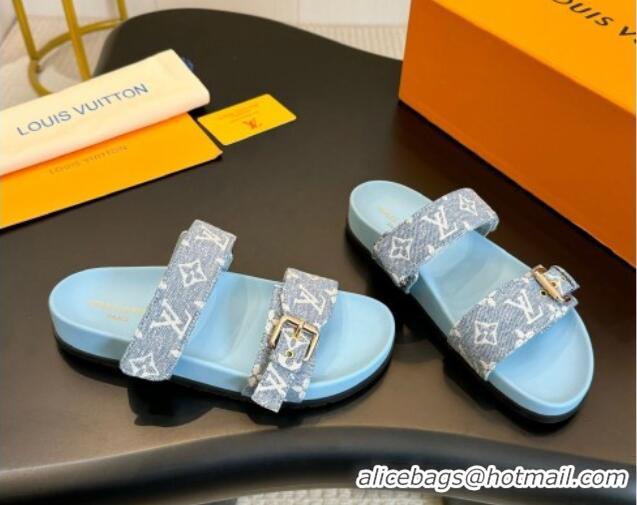 Lower Price Louis Vuitton Bom Dia Flat Comfort Slides Sandals in Monogram Denim Pale Blue 703084