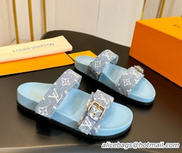 Lower Price Louis Vuitton Bom Dia Flat Comfort Slides Sandals in Monogram Denim Pale Blue 703084