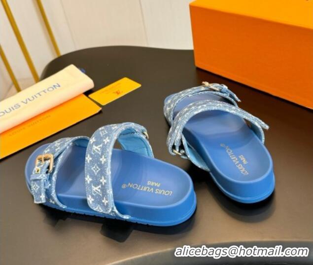 Popular Style Louis Vuitton Bom Dia Flat Comfort Slides Sandals in Monogram Denim Light Blue 703085