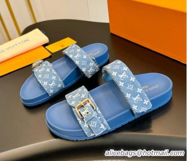 Popular Style Louis Vuitton Bom Dia Flat Comfort Slides Sandals in Monogram Denim Light Blue 703085