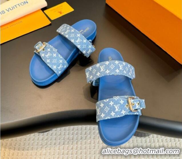 Popular Style Louis Vuitton Bom Dia Flat Comfort Slides Sandals in Monogram Denim Light Blue 703085