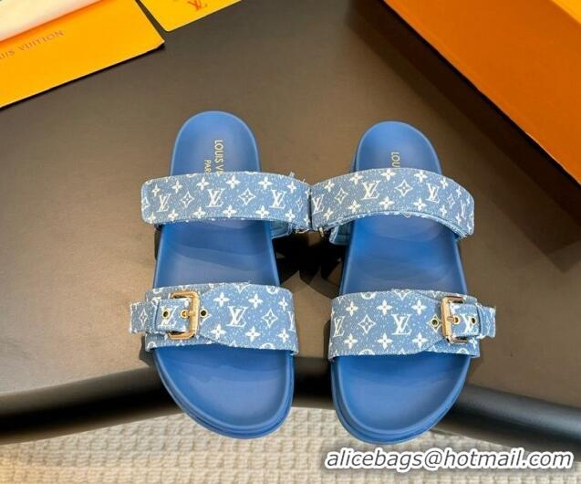 Popular Style Louis Vuitton Bom Dia Flat Comfort Slides Sandals in Monogram Denim Light Blue 703085