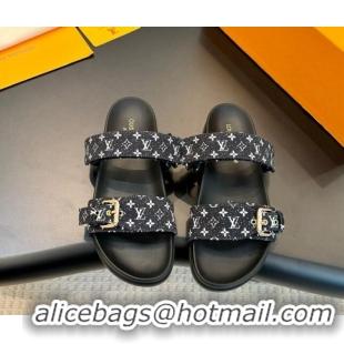 Good Quality Louis Vuitton Bom Dia Flat Comfort Slides Sandals in Monogram Denim Black 703086