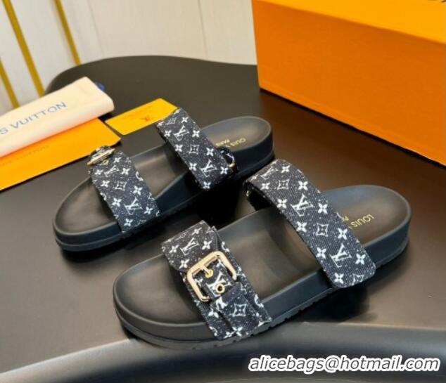 Good Quality Louis Vuitton Bom Dia Flat Comfort Slides Sandals in Monogram Denim Black 703086