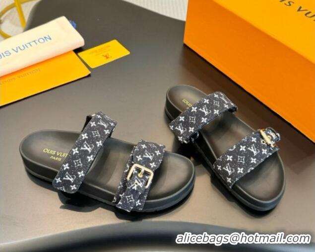 Good Quality Louis Vuitton Bom Dia Flat Comfort Slides Sandals in Monogram Denim Black 703086