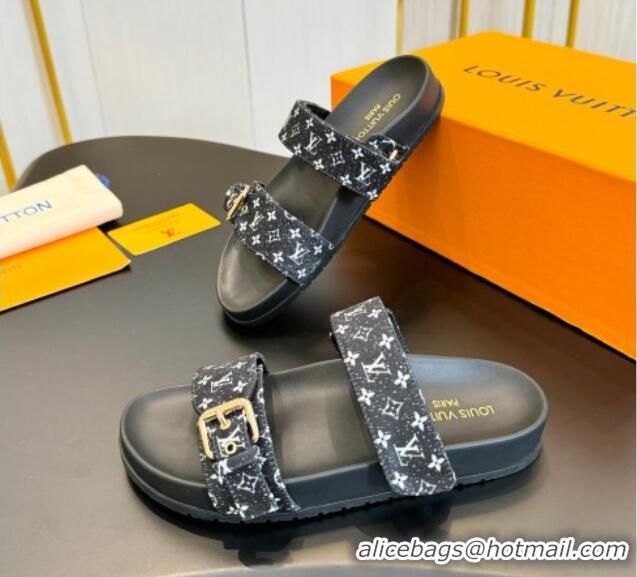 Good Quality Louis Vuitton Bom Dia Flat Comfort Slides Sandals in Monogram Denim Black 703086