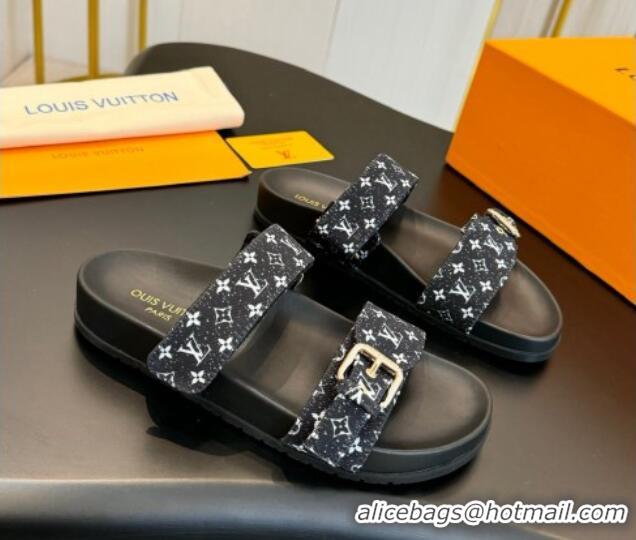 Good Quality Louis Vuitton Bom Dia Flat Comfort Slides Sandals in Monogram Denim Black 703086