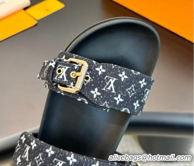 Good Quality Louis Vuitton Bom Dia Flat Comfort Slides Sandals in Monogram Denim Black 703086