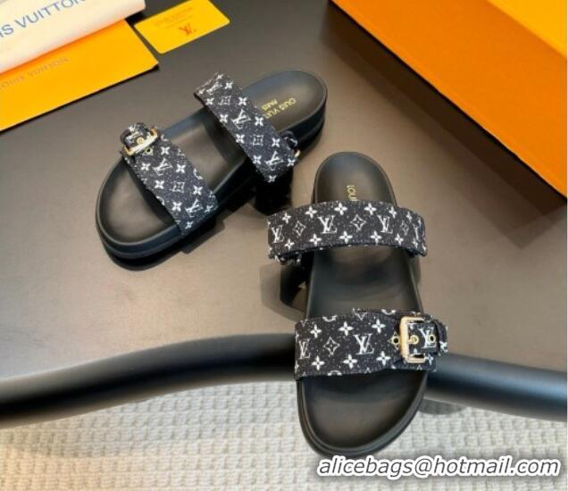 Good Quality Louis Vuitton Bom Dia Flat Comfort Slides Sandals in Monogram Denim Black 703086