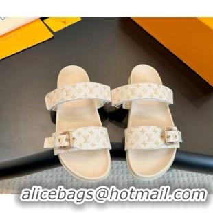 Grade Quality Louis Vuitton Bom Dia Flat Comfort Slides Sandals in Monogram Denim Light Beige 703087